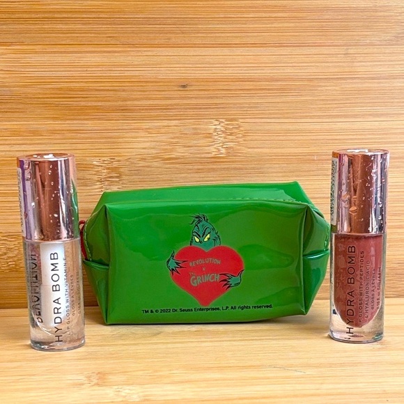 Brand New Revolution Set of 2 Hydra Bomb Lip Gloss & Grinch Green Zippered Bag - Picture 3 of 13